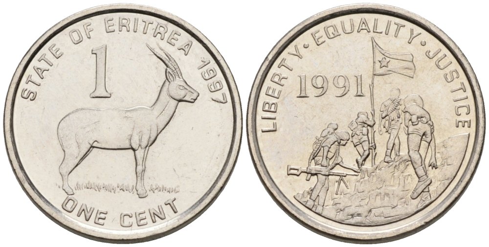Эритрея 1 цент 1997 краснолобая антилопа KM 43 сталь плакированная никелем 75-135