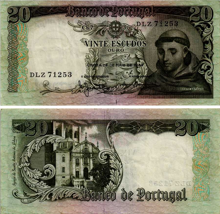 Португалия 20 эскудо 1964 Антоний Падуанский Pick 167 b бумага 6281-26-2-2