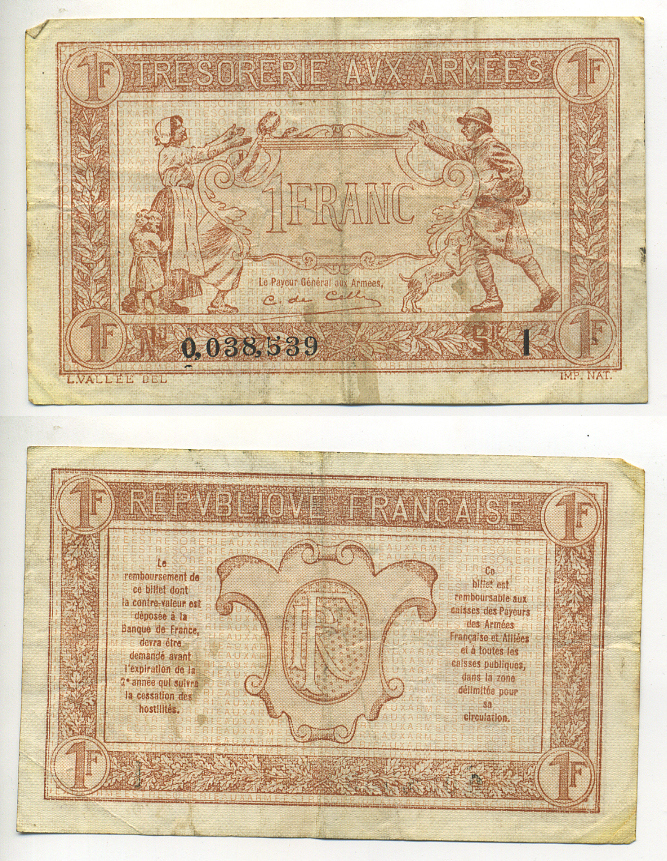 ФРАНЦИЯ 1 ФРАНК 1917 СЕРИЯ I, ВЫПУСК ДЛЯ ВОЕННОГО КАЗНАЧЕЙСТВА, ПЕРВАЯ МИРОВАЯ ВОЙНА Pick M2 бумага 7552-28-1-1