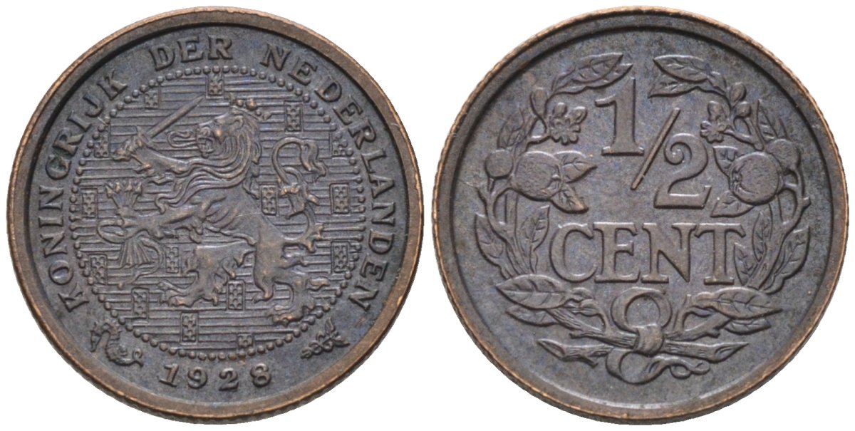 Нидерланды 1/2 цента 1928 Вильгельмина (1890-1948) KM 138 бронза 4576-512