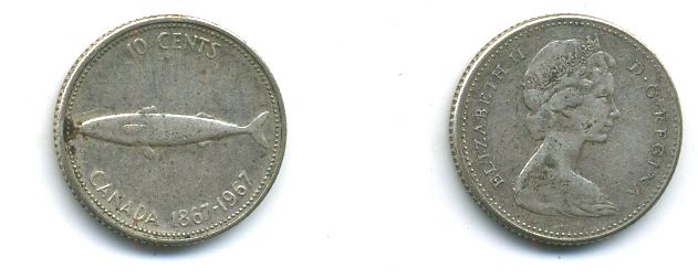 КАНАДА 10 ЦЕНТОВ 1967 РЫБА серебро 4-313