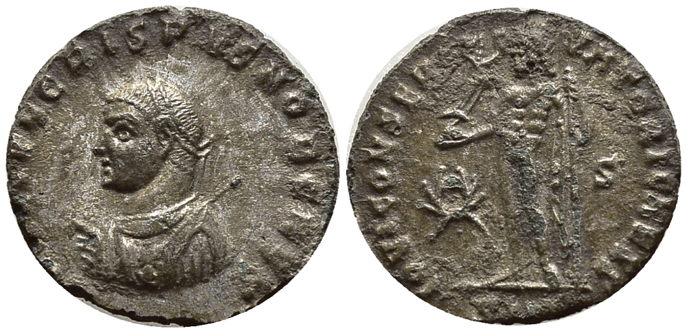 Римская Империя нуммий 317 Крисп цезарь IOVI CONSERVATORI CAESS Кизик Good Very fine (степень редкости R3) RIC 10 бронза, серебрение 270-211