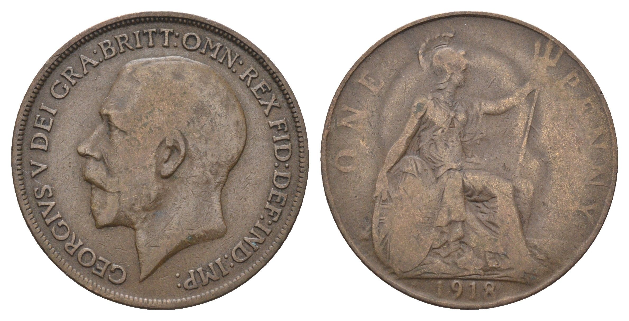 Великобритания 1 пенни 1918 H, Георг V (1910-1936) KM 810, Spink 4052 бронза 4661-543