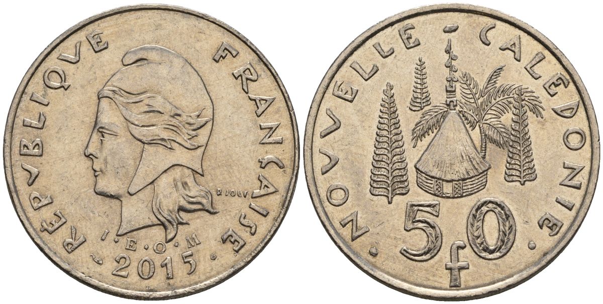 Французская Новая Каледония 50 франков 2015 хижина среди сосен и пальм, (IEOM) KM 13a, Schoen 15a, Lec 128i медно-никель 4111-1241
