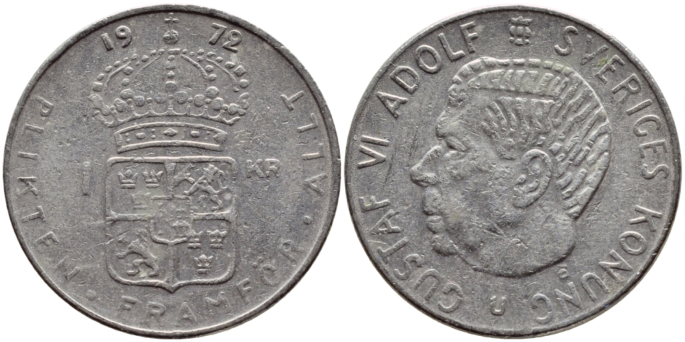 Швеция 1 крона 1972 Густав VI Адольф (1950-1973) KM 826a медь плакированная медно-никелем 4390-623