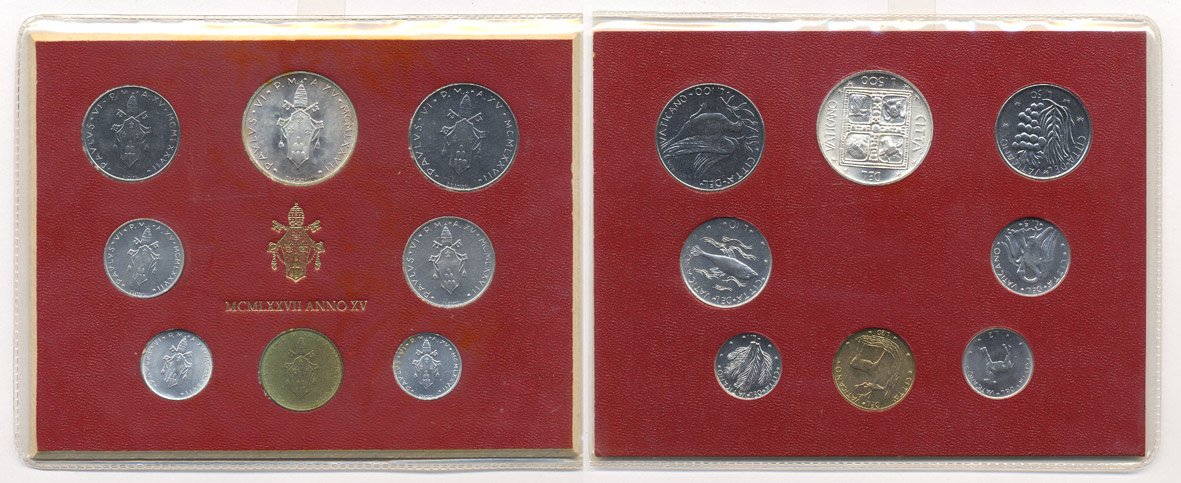 Ватикан набор из 8 монет 1977 1, 2, 5, 10, 20, 50, 100, 500 лир, в оригинальном буклете KM MS82 серебро UNC 7-4-1-35