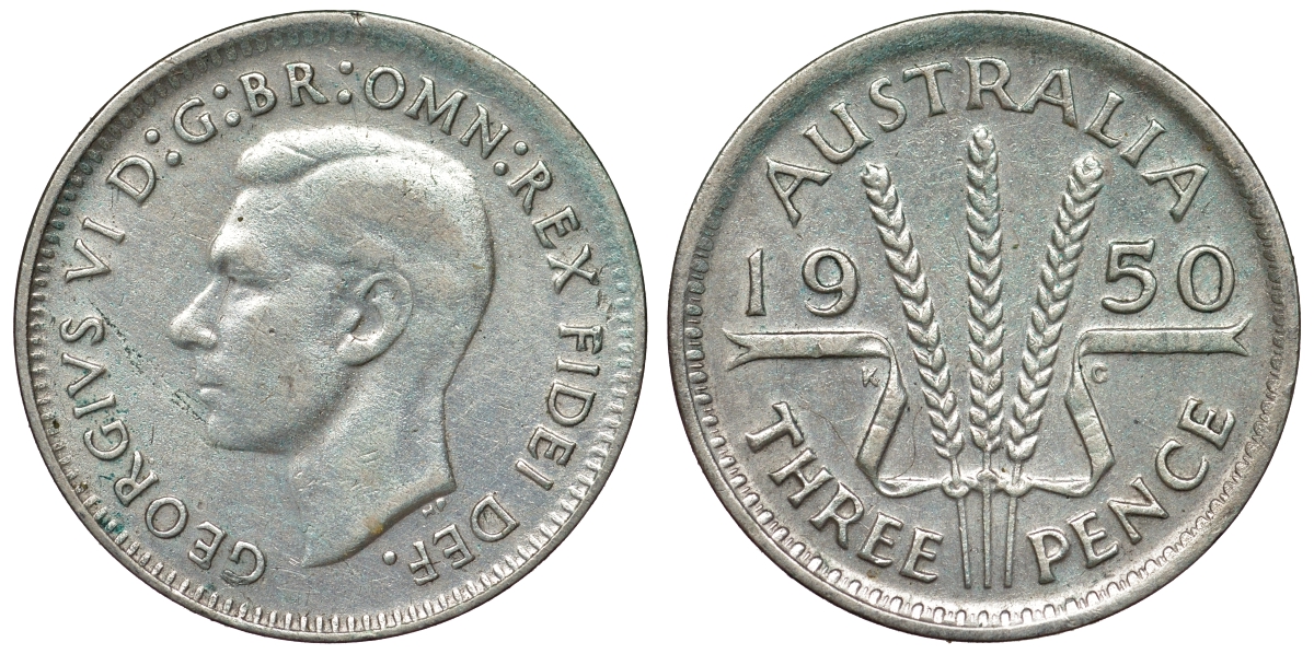 Австралия 3 пенса 1950 m, Георг VI (1937-1952), без букв KM 44 серебро 71-255