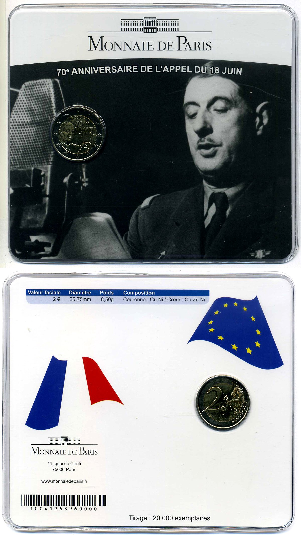 Франция 2 евро 2010 70 лет речи Шарля де Голля "Ко всем французам", буклет, пластик, запайка KM 1676 биметалл BUNC 3897-7-1