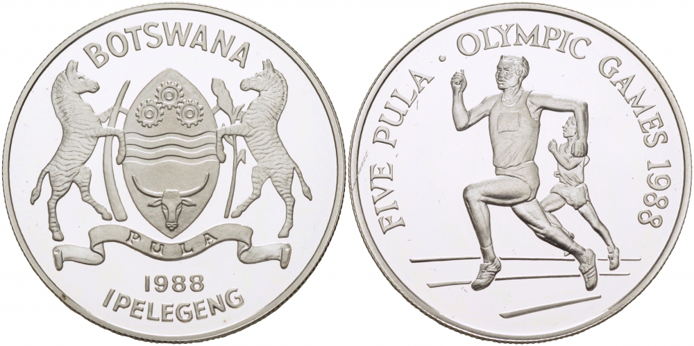 Ботсвана 5 пула 1988 XIV летние олимпийские игры в Сеуле, бег, тираж 25000 экз. КМ 21 серебро PROOF 1077-9-32