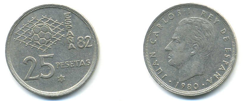 Испания 25 песет 1980 (81) чемпионат мира по футболу KM 818 медно-никель 89-651