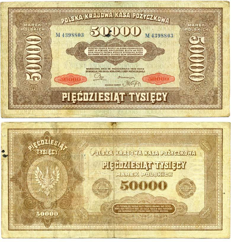 ПОЛЬША 50000 МАРОК 1922 10 ОКТЯБРЯ 1922, ИНФЛЯЦИОННЫЙ ВЫПУСК Pick 33 бумага 00-00