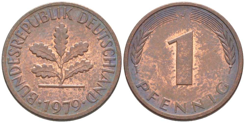 ФРГ 1 ПФЕННИГ 1979 J KM 105, J. 380 сталь плакированная медью 116-411