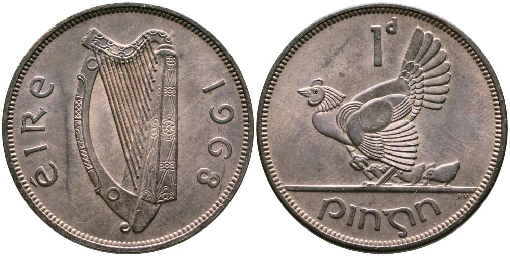 ИРЛАНДИЯ 1 ПЕННИ 1968 КУРИЦА С ЦЫПЛЯТАМИ KM 11 бронза 4531-726