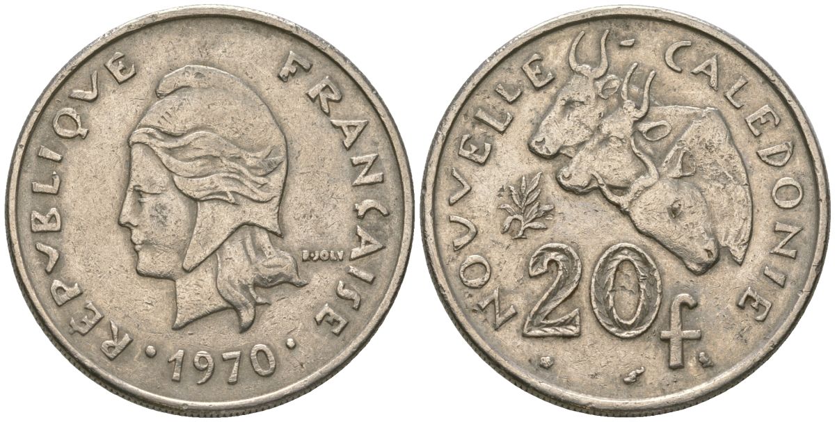 Французская Новая Каледония 20 франков 1970 три быка, (IEOM) KM 6, Schoen 8, Lec 105 никель 4120-236
