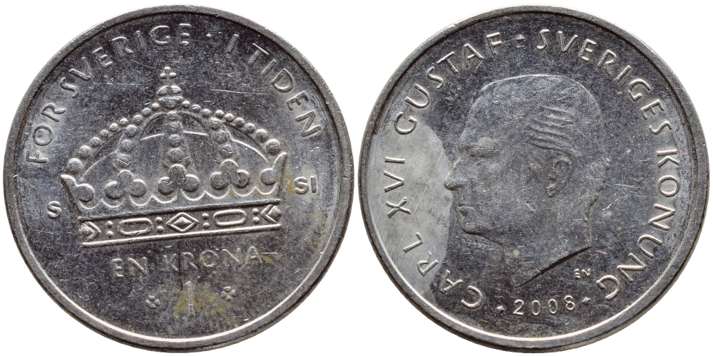 Швеция 1 крона 2008 Карл XVI Густав (1973- ) KM 894 медно-никель 87-716