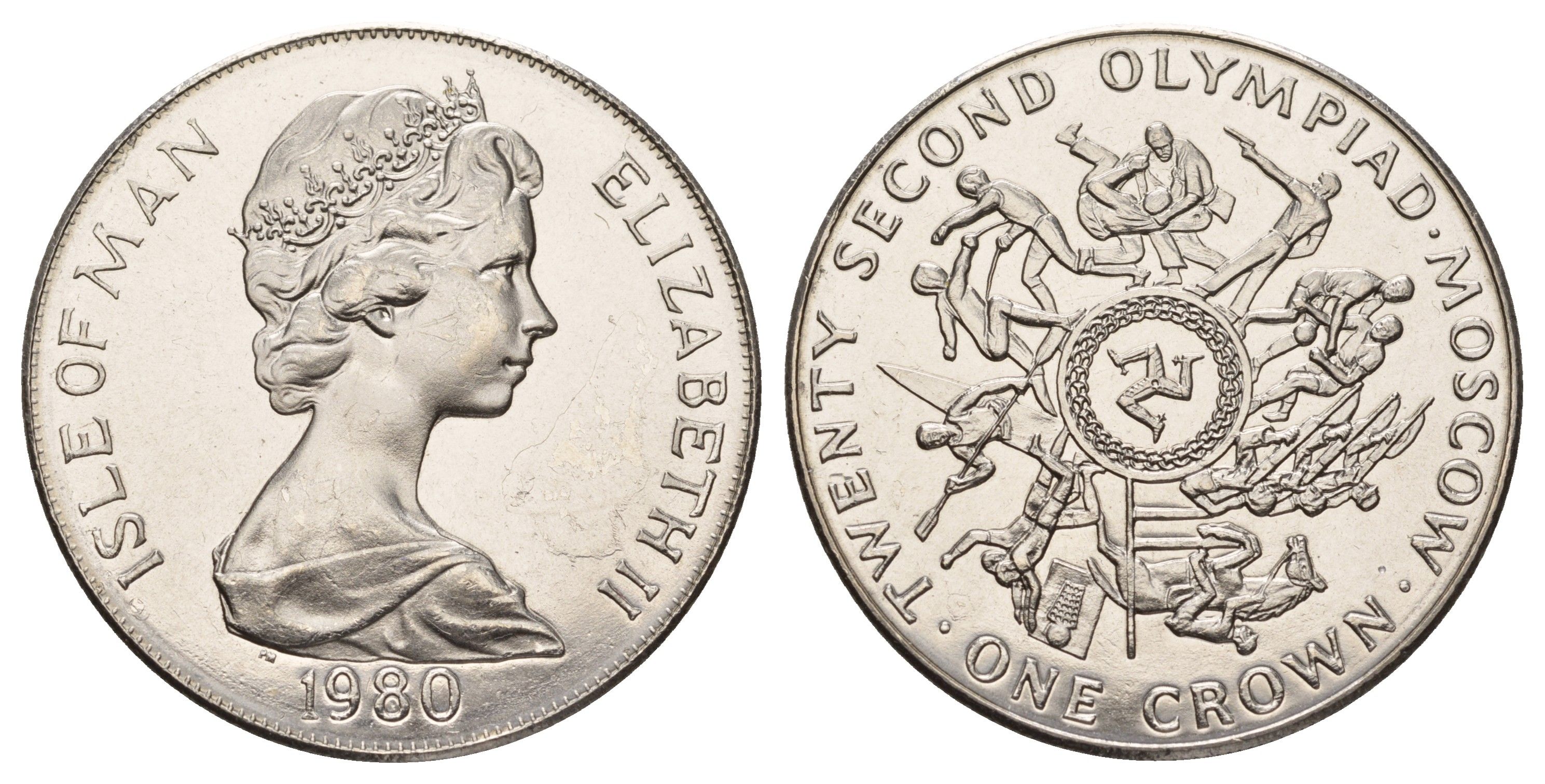 Остров Мэн 1 крона 1980 XXII летние Олимпийские Игры, Москва 1980, борцы вверху монеты KM 67 медно-никель BU 4558-522