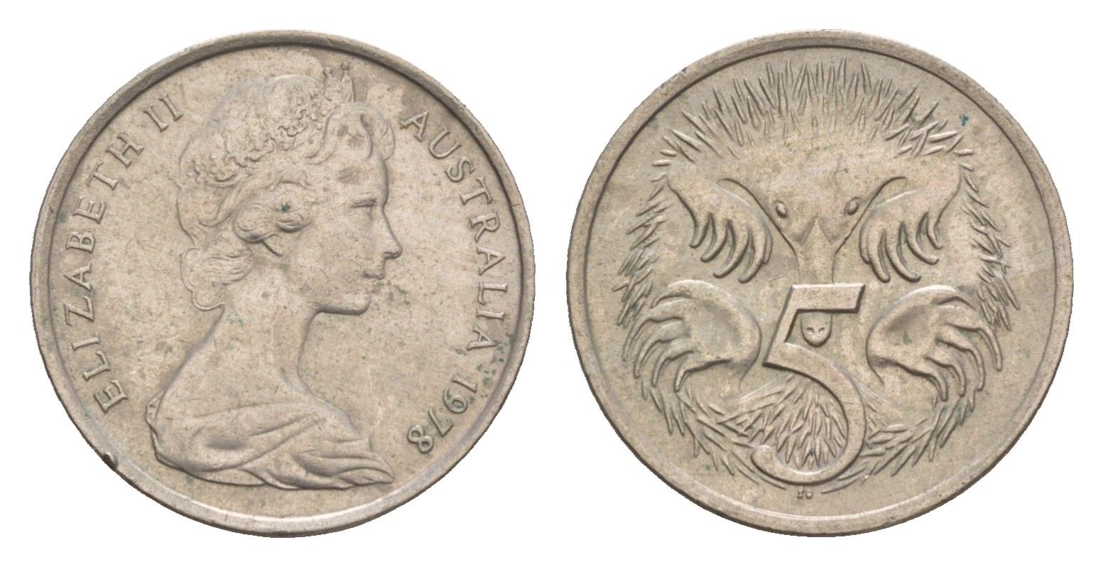 Австралия 5 центов 1978 Елизавета II (1952-2022) молодой портрет, ехидна KM 64 медно-никель 4655-1265
