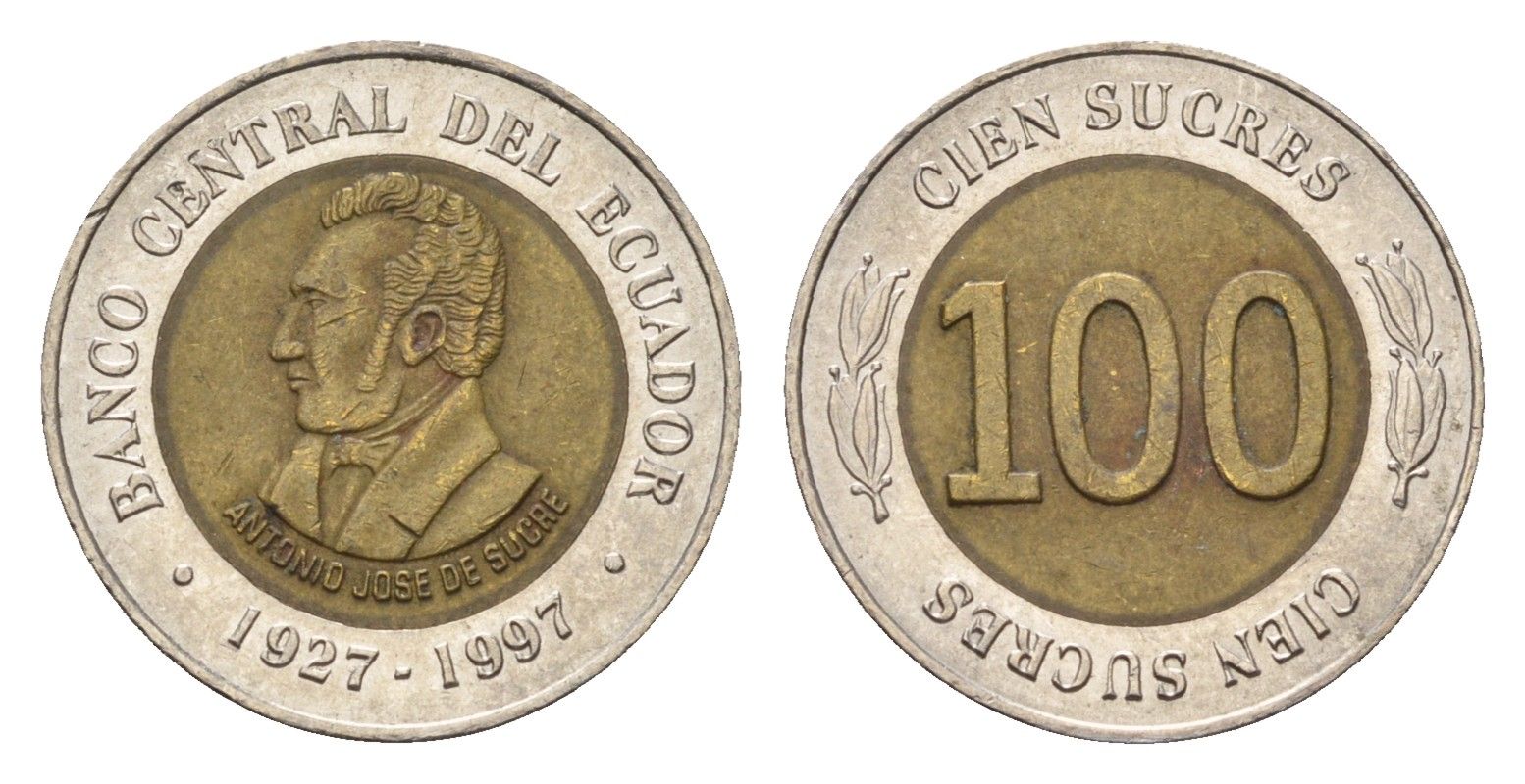 Эквадор 100 сукре 1997 70 лет Центробанку KM 101 биметалл UNC 4697-433