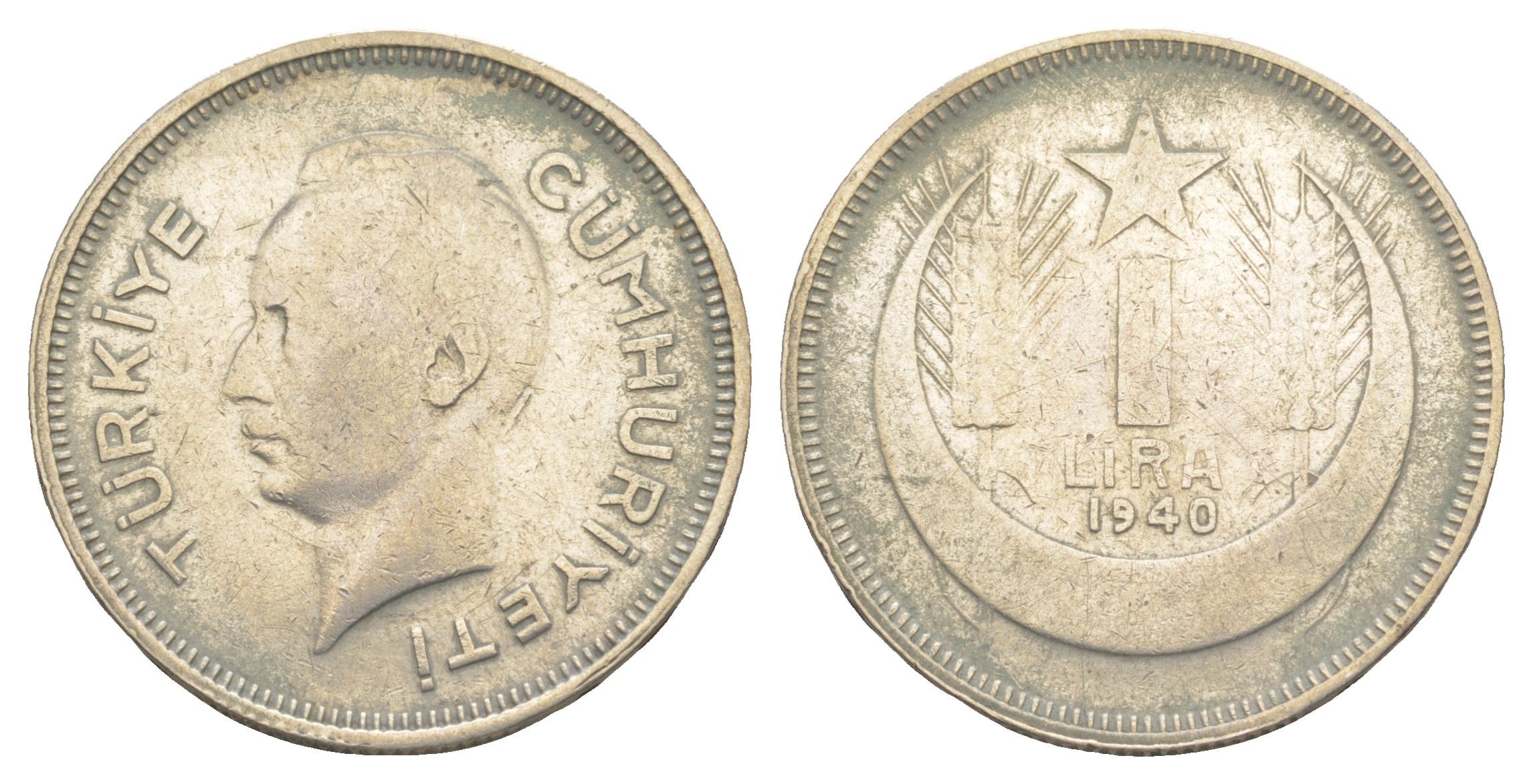 Турция 1 лира 1940 редкий год - тираж 253.000 экземпляров KM 869 серебро 443-132