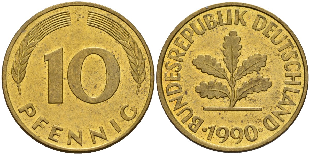 ФРГ 10 пфеннигов 1990 F KM 108, J. 383 сталь плакированная латунью 4171-1037