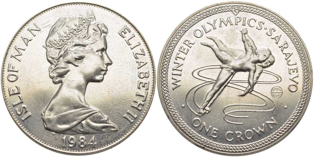 Остров Мэн 1 крона 1984 Зимние Олимпийские игры 1984 года в Сараево, парное фигурное катание KM 117 медно-никель UNC 107-711