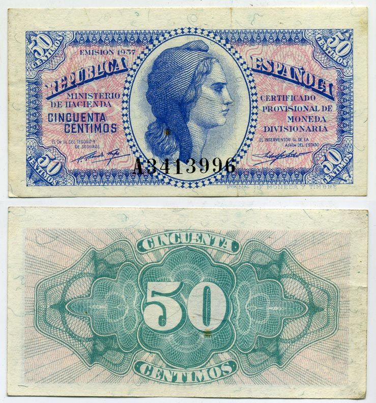 Испания 50 сентимо 1937 Pick 93 бумага aUNC 444-35-2-1