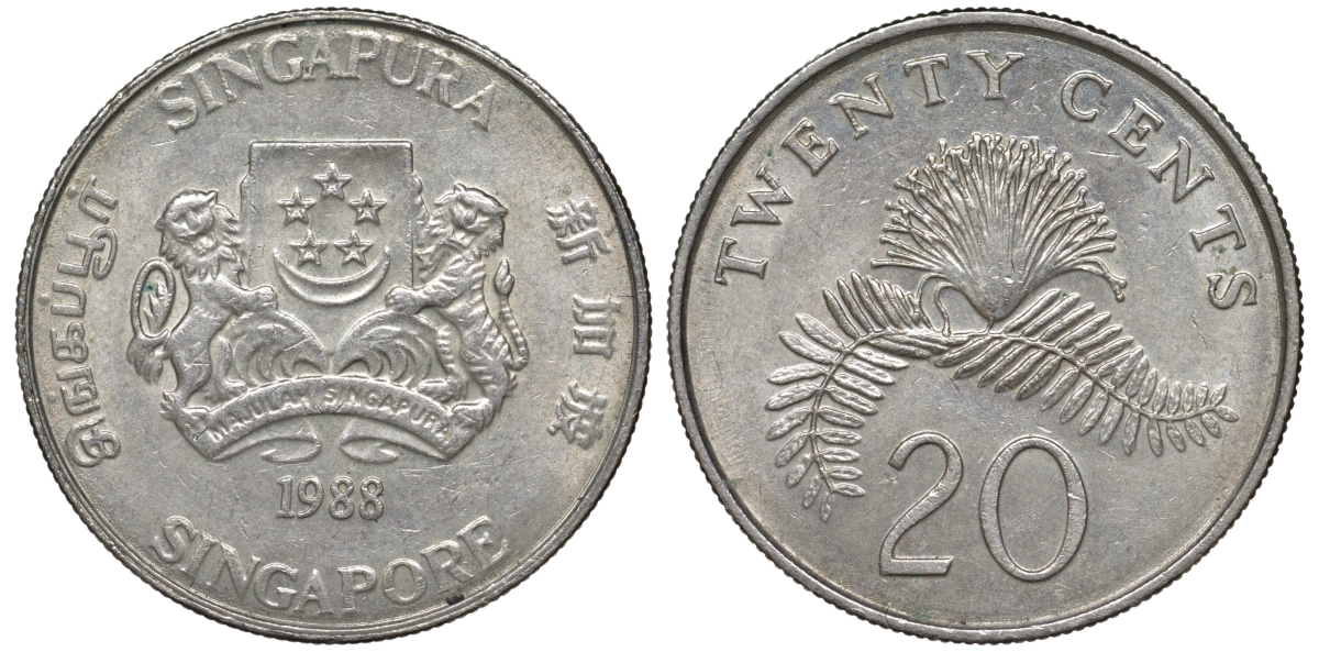 Сингапур 20 центов 1988 KM 52 медно-никель 4556-132