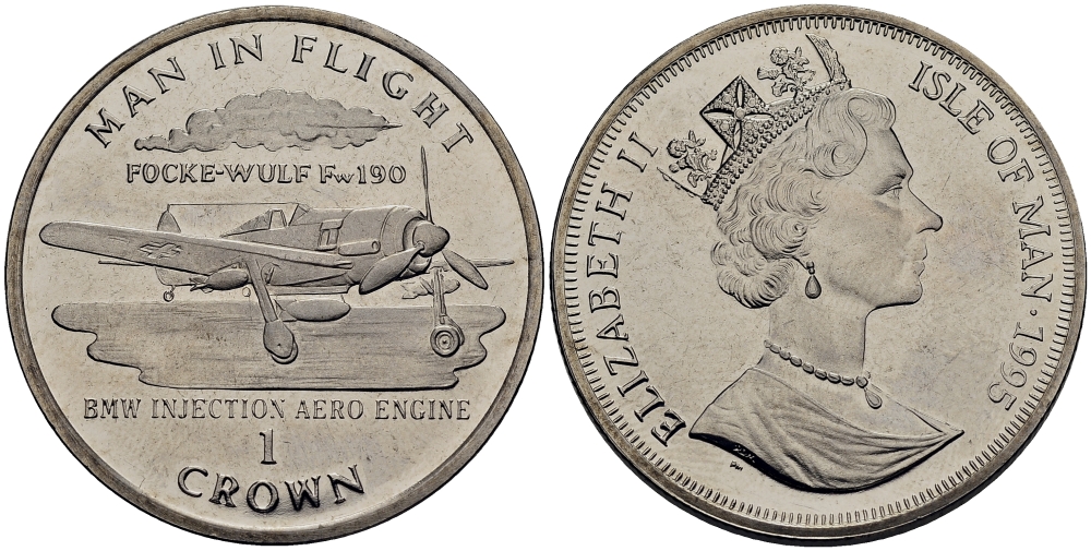 Остров Мэн 1 крона 1995 человек в полете, Фокке-Вульф FW 190, первый дизельный двигатель КМ 439.1 медно-никель UNC 4552-512