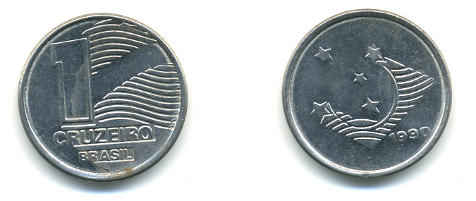 Бразилия 1 крузейро 1990 KM 617 нержавеющая сталь aUNC 93-747