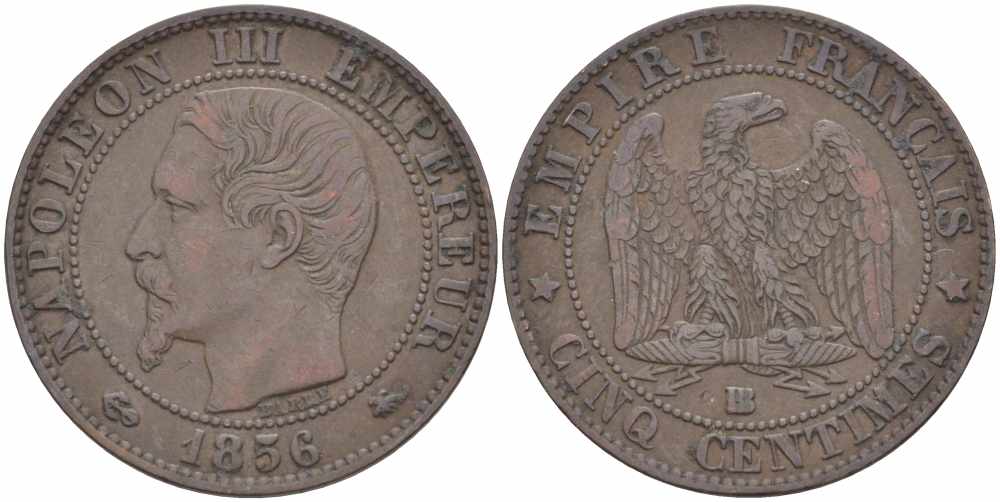 Франция 5 сантимов 1856 BB, Наполеон III (1852-1870) KM 777.3, LE FRANC 116.32 бронза 108-416