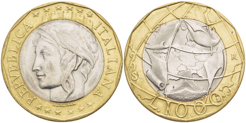 Италия 1000 лир 1998 R, карта европы KM 194 биметалл 4551-613