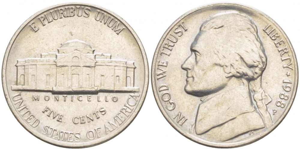 США 5 ЦЕНТОВ 1988 P, ДЖЕФФЕРСОН KM A192 медно-никель 214-713