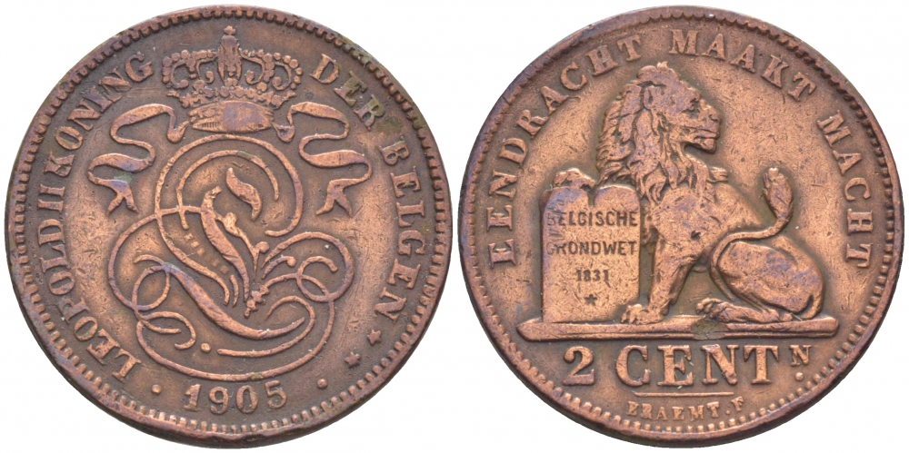 БЕЛЬГИЯ 2 САНТИМА 1905 BELGEN KM 36 медь 4448-715
