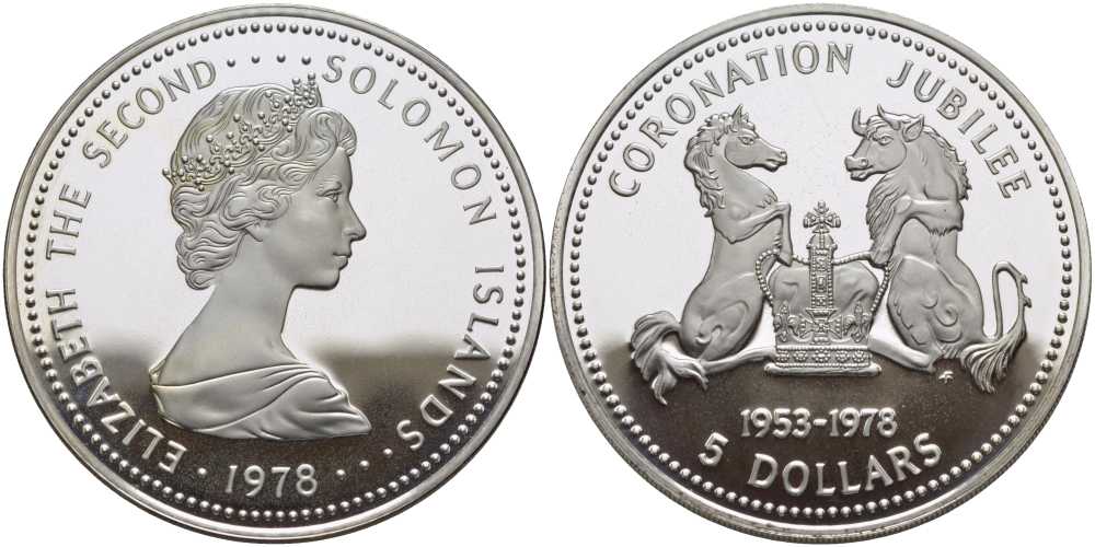 СОЛОМОНОВЫ ОСТРОВА 5 ДОЛЛАРОВ 1978 СЕРЕБРЯННЫЙ ЮБИЛЕЙ КОРОНАЦИИ ЕЛИЗАВЕТЫ II (1953-1978), ТИРАЖ 8846 ЭКЗ., ПРОБА 925, ВЕС 28,28 ГР. KM 8 серебро UNC 00-00