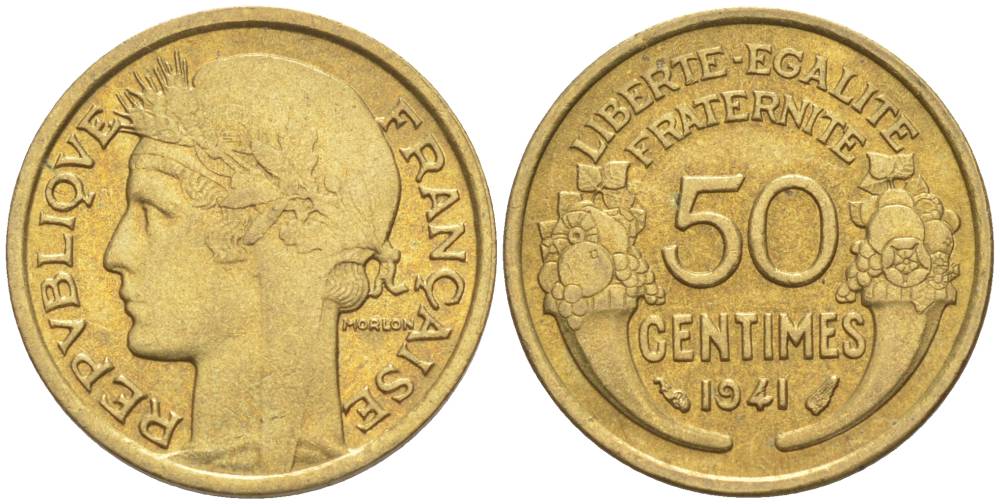 ФРАНЦИЯ 50 САНТИМОВ 1941 ТИП MORLON KM 894.1, LE FRANC 192.18 алюминиевая бронза 44-465