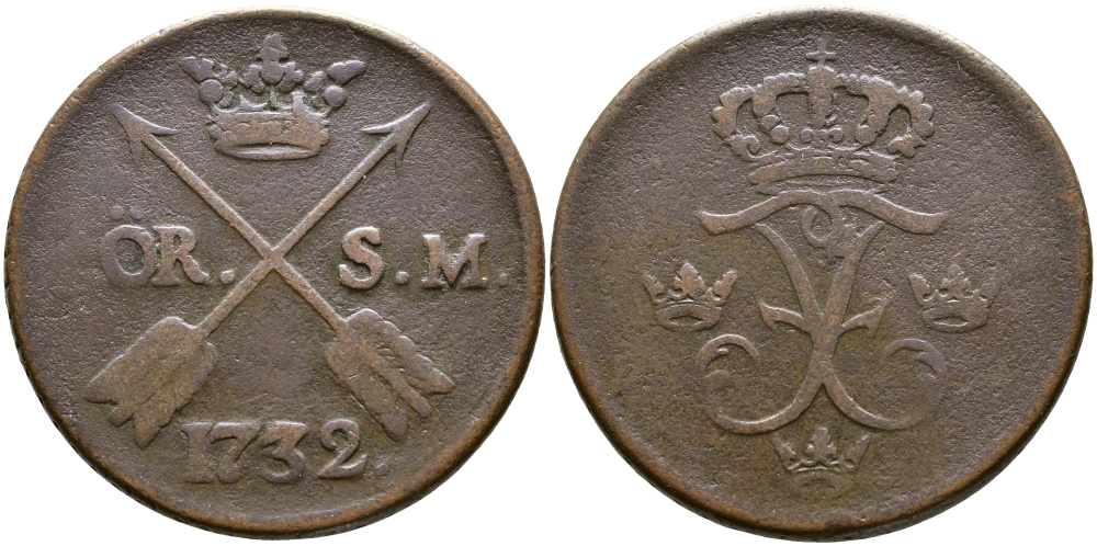 Швеция 1 эре 1732 S.M. Фредерик I (1720-1751) KM 416.1 медь 221-235