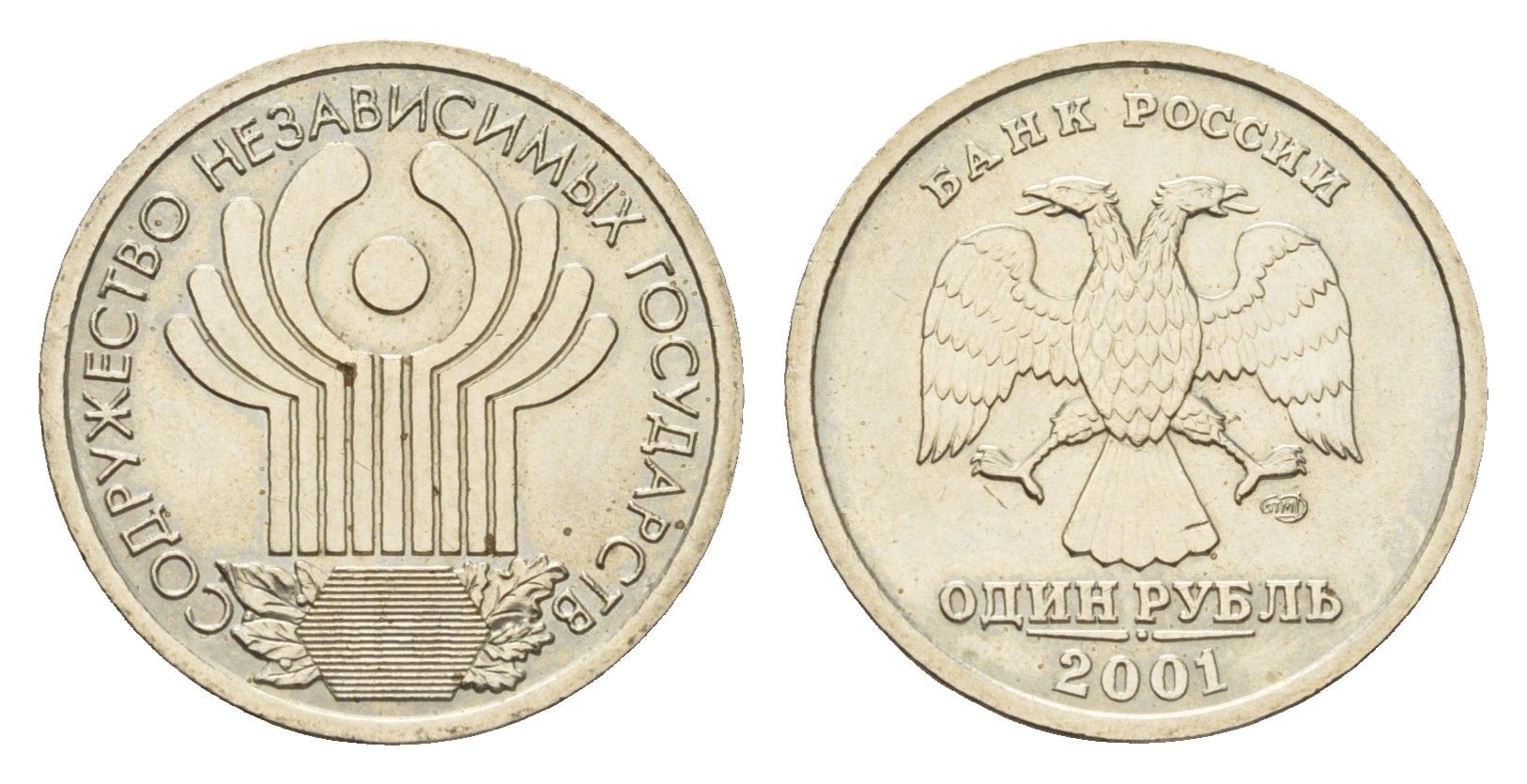 Россия 1 рубль 2001 ММД, 10 лет Содружеству Независимых Государств (СНГ) Y 731 медно-никель UNC 4602-857