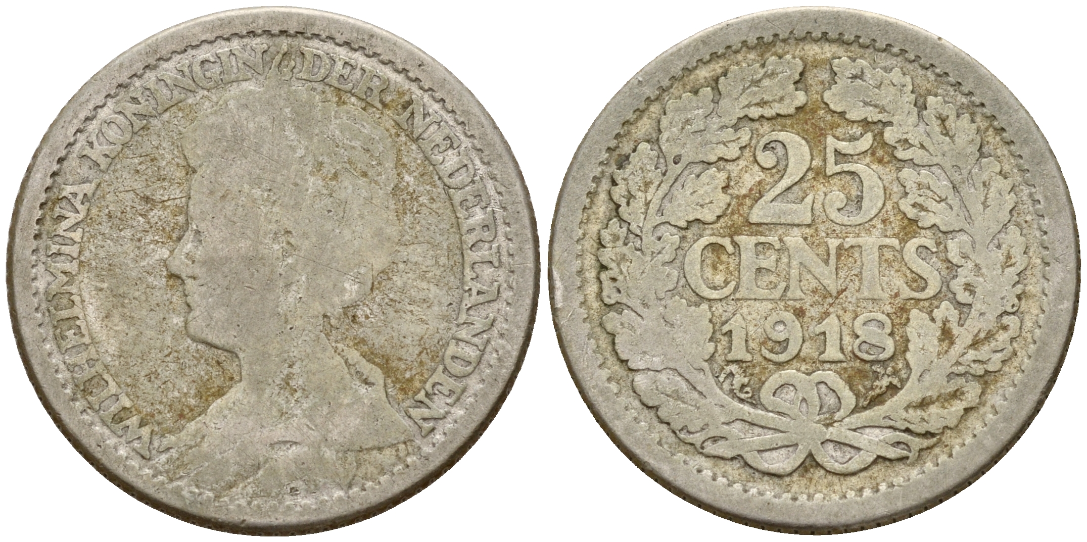 Нидерланды 25 центов 1918 Вильгельмина I (1890-1948) KM 146 серебро    4189-164