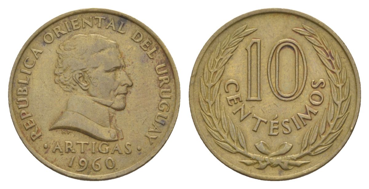 Уругвай 10 сентесимо 1960 KM 39 никель латунь 4633-1051
