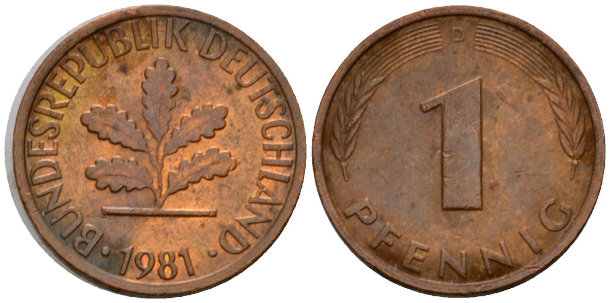 ФРГ 1 пфенниг 1981 D KM 105, J.380 сталь плакированная медью 4602-759