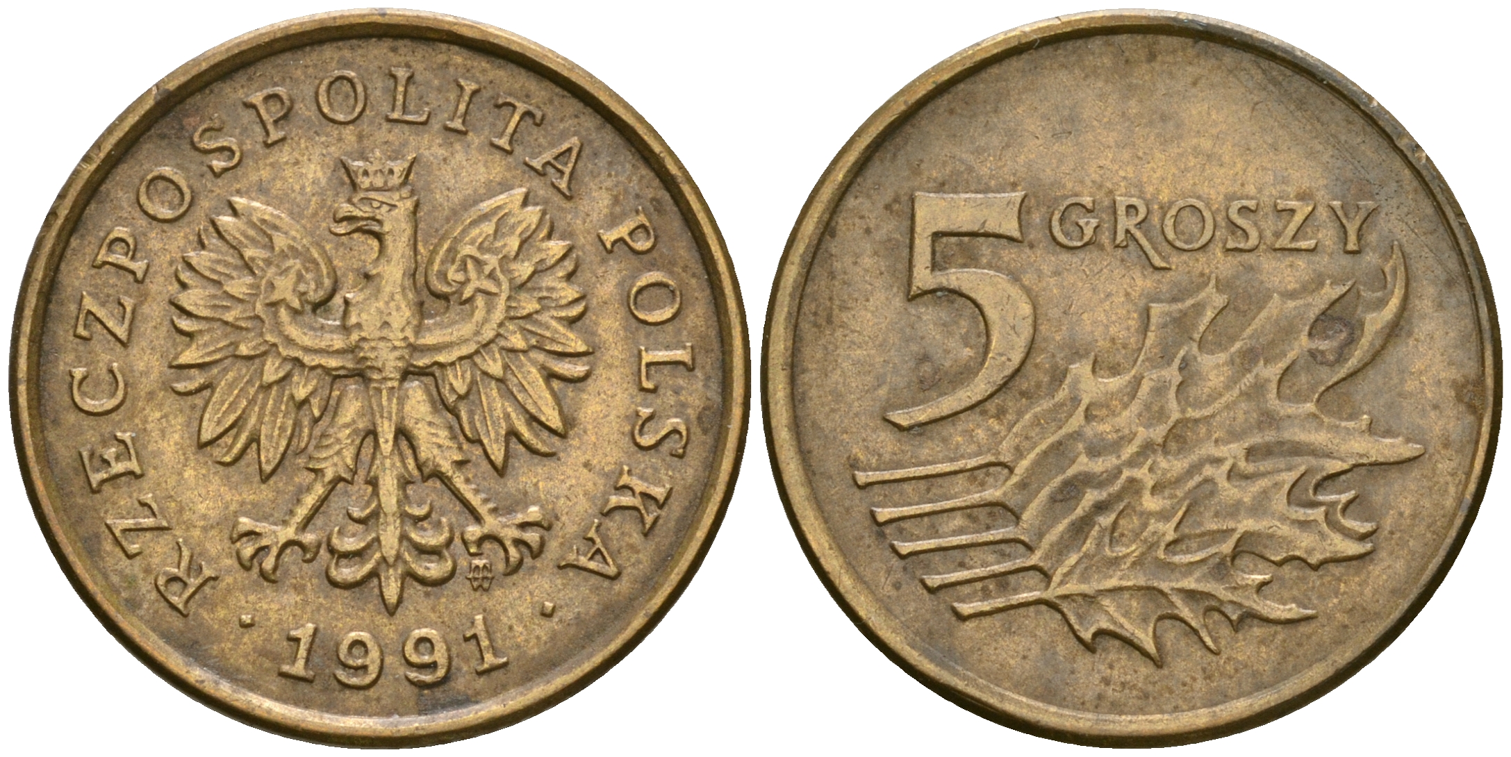 Польша 5 грошей 1991 MW KM 278 латунь 4608-755