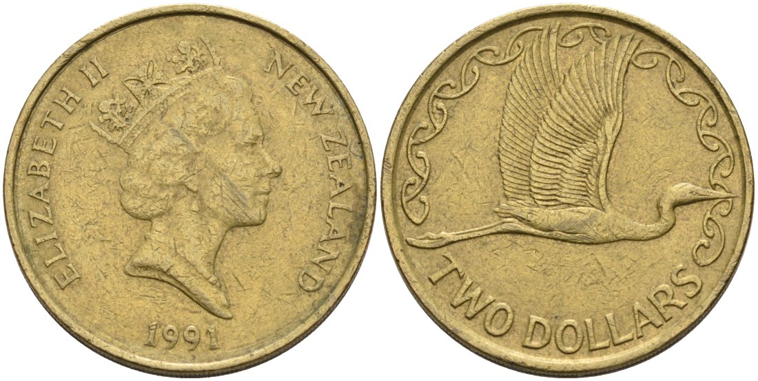 Новая Зеландия 2 доллара 1991 Елизавета II (1952-2022), большая белая цапля KM 79 алюминиевая бронза 59-535
