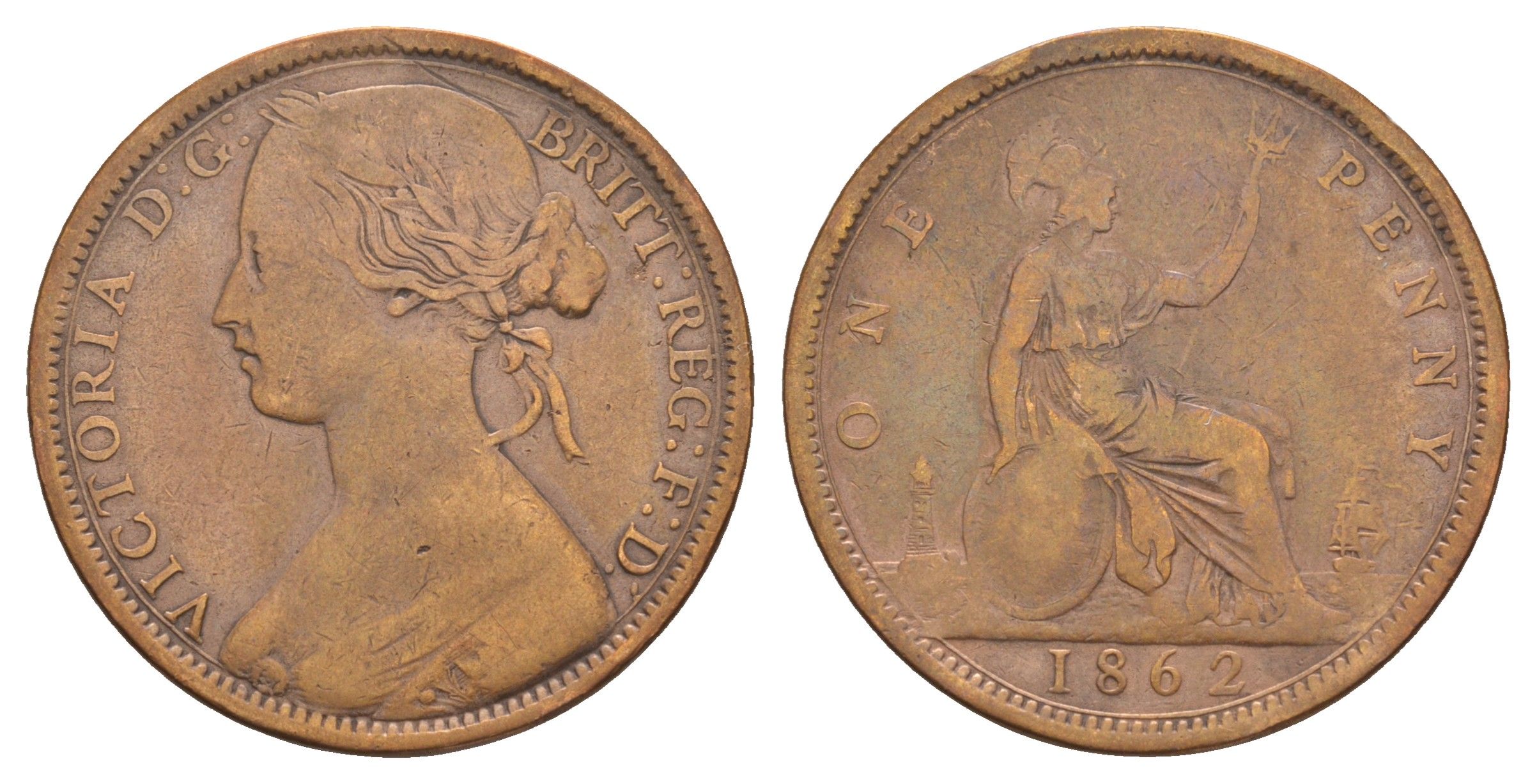 Великобритания 1 пенни 1862 Виктория (1837-1901) KM 749.2, Spink 3954 бронза 109-334