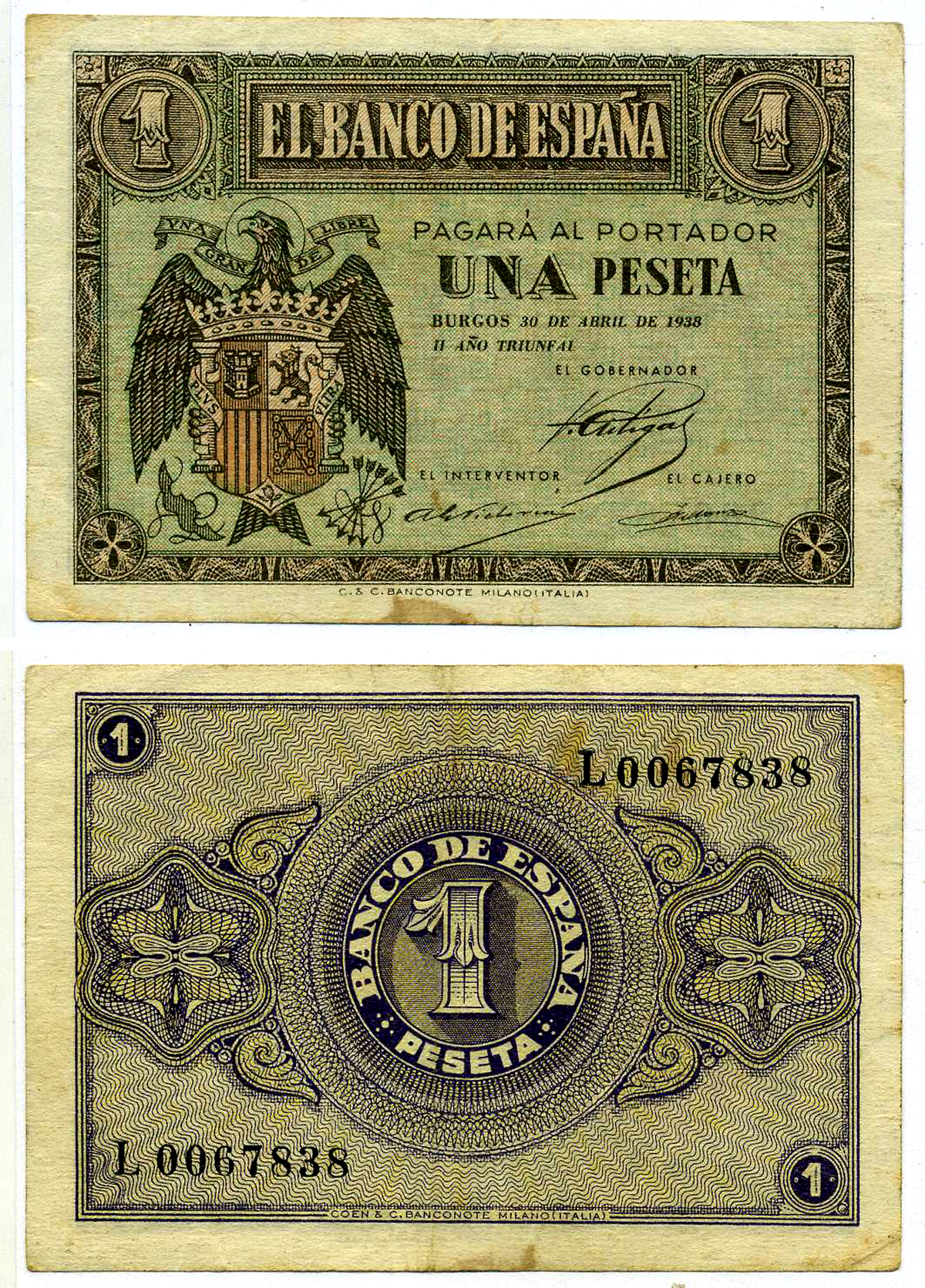ИСПАНИЯ 1 ПЕСЕТА 1938 30 АПРЕЛЯ 1938 Pick 108a бумага 7203-78-1-1