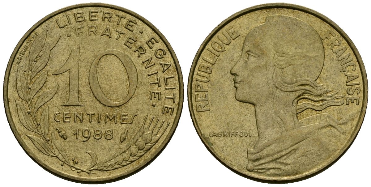 Франция 10 сантимов 1988 тип Marianne KM 929 алюминиевая бронза 4136-428