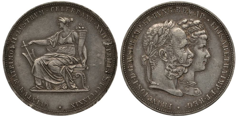 Австрия 2 флорина 1879 Серебряная свадьба Франца-Иосифа и Елизаветы Баварской KM M5, J. 369 серебро 413-6735