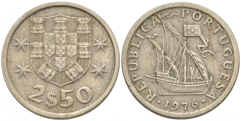 ПОРТУГАЛИЯ 2,5 ЭСКУДО 1976 ПАРУСНИК KM 590 медно-никель 3718-319