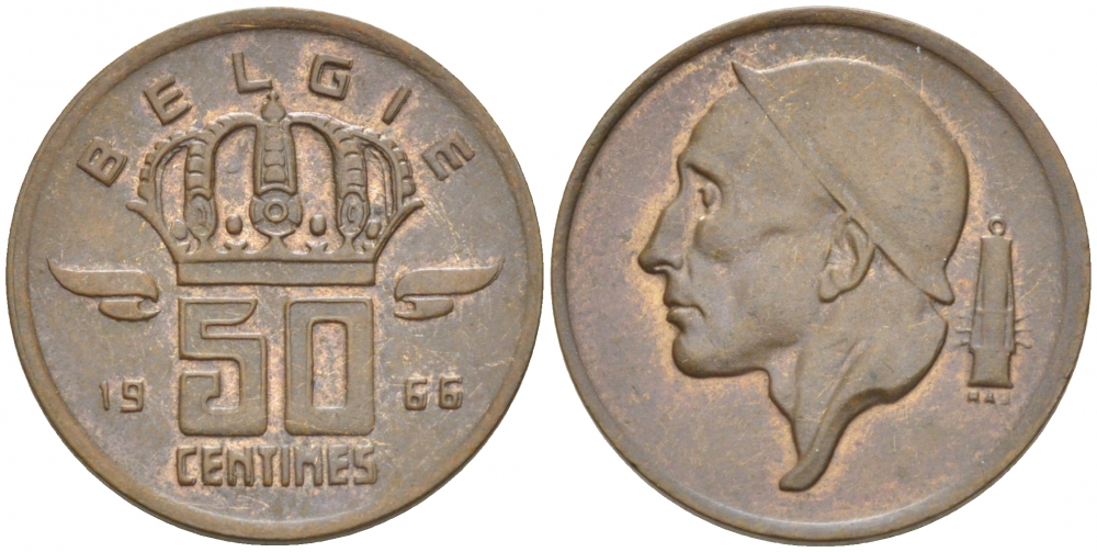 БЕЛЬГИЯ 50 САНТИМОВ 1966 BELGIE KM 149.1 бронза 3996-1253
