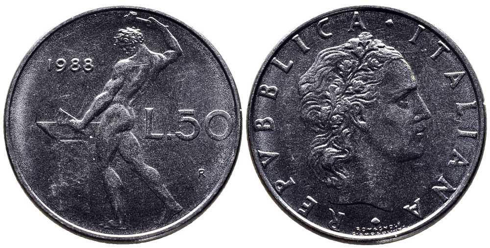 ИТАЛИЯ 50 ЛИР 1988 KM 95.1 нержавеющая сталь 261-711