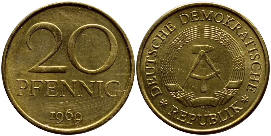 ГДР 20 пфеннигов 1969 А, первый год KM 11 латунь UNC 4395-1134